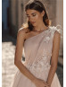 One Shoulder Light Pink Organza Lace Dreamy Wedding Dress